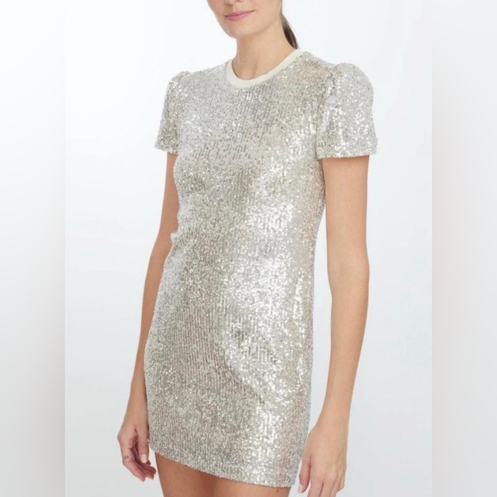 NWT Generation Love Donna Sequin Puff Sleeve Mini‎ Dress in ARGENTO Sz Small